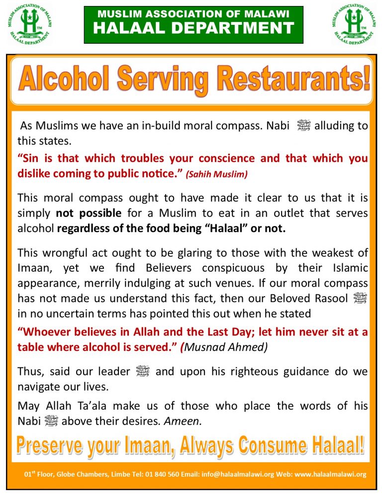 Alcohol Serving Restaurants Halaal Department